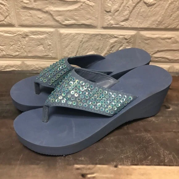 Foam periwinkle blue wedge thongs with sequin size L 9-10 - Picture 2 of 7